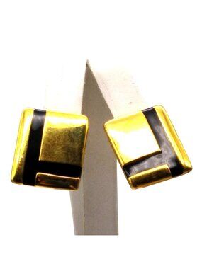 Vintage Napier Linear Rectangle Earrings, Gold Tone Clip Ons with Black Enamel